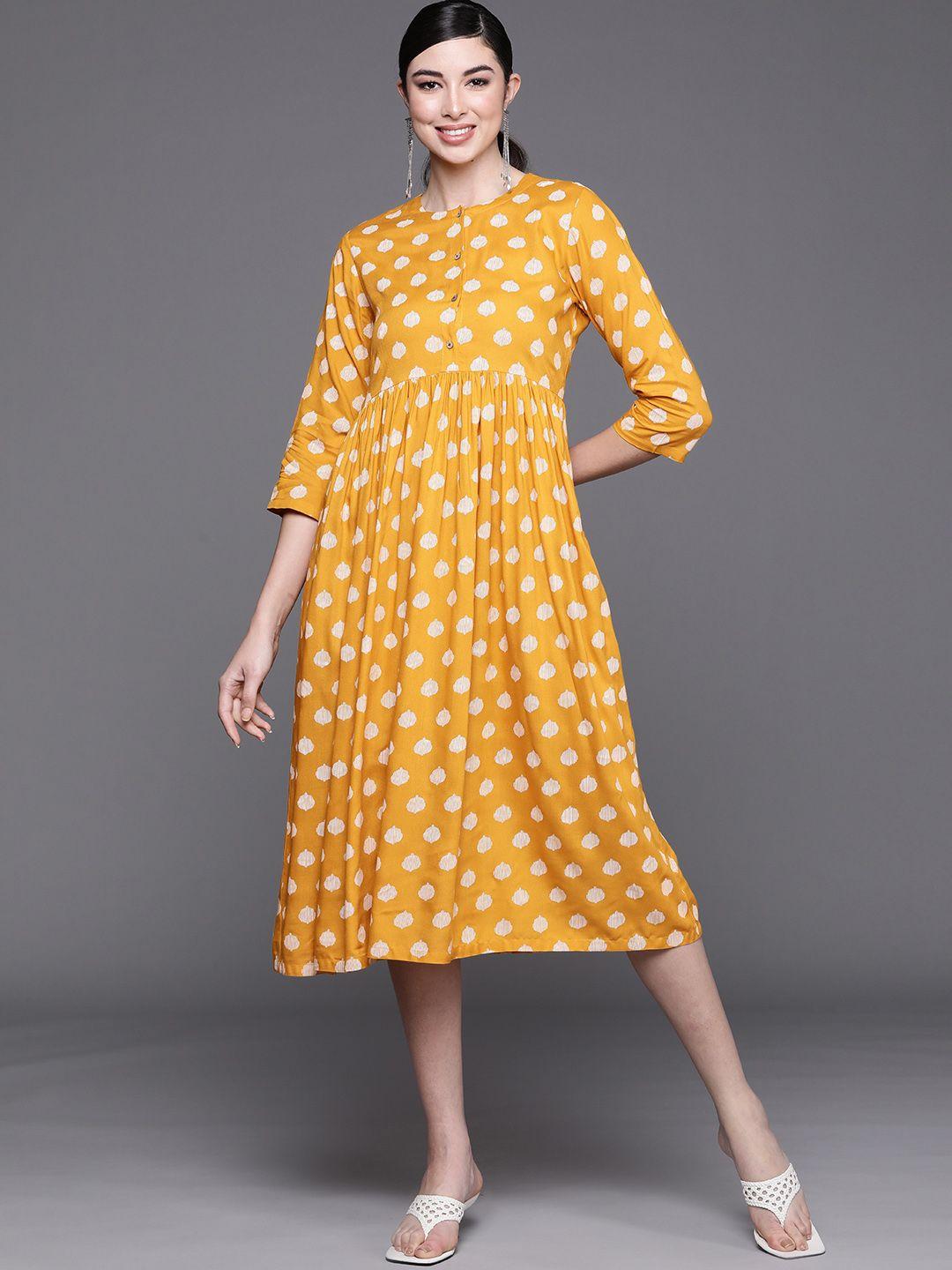 biba women mustard yellow & white geometric printed ethnic a-line midi dress