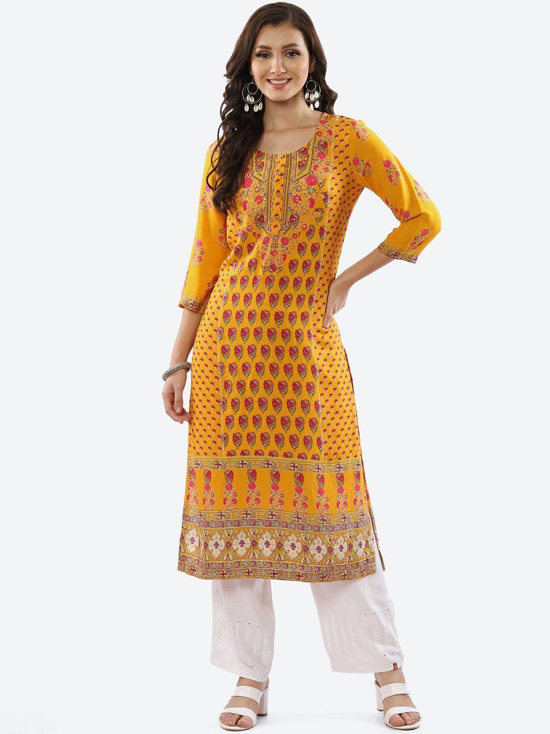 biba women mustard yellow ethnic motifs printed kurta