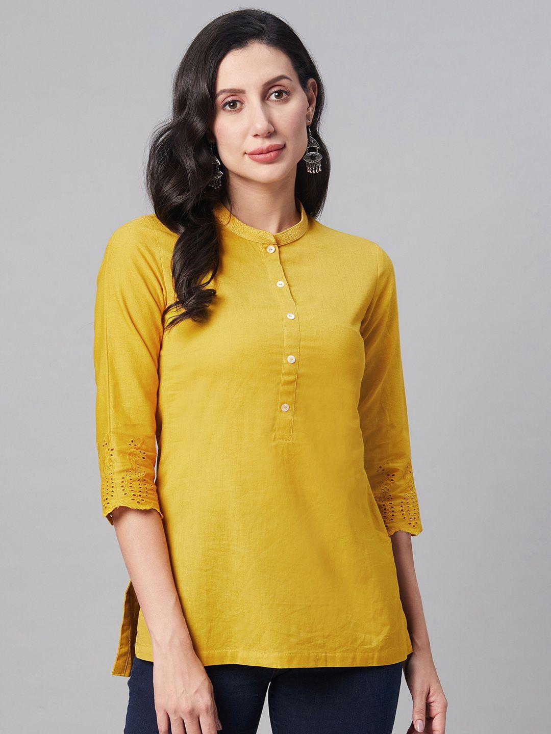 biba women mustard yellow solid straight kurti