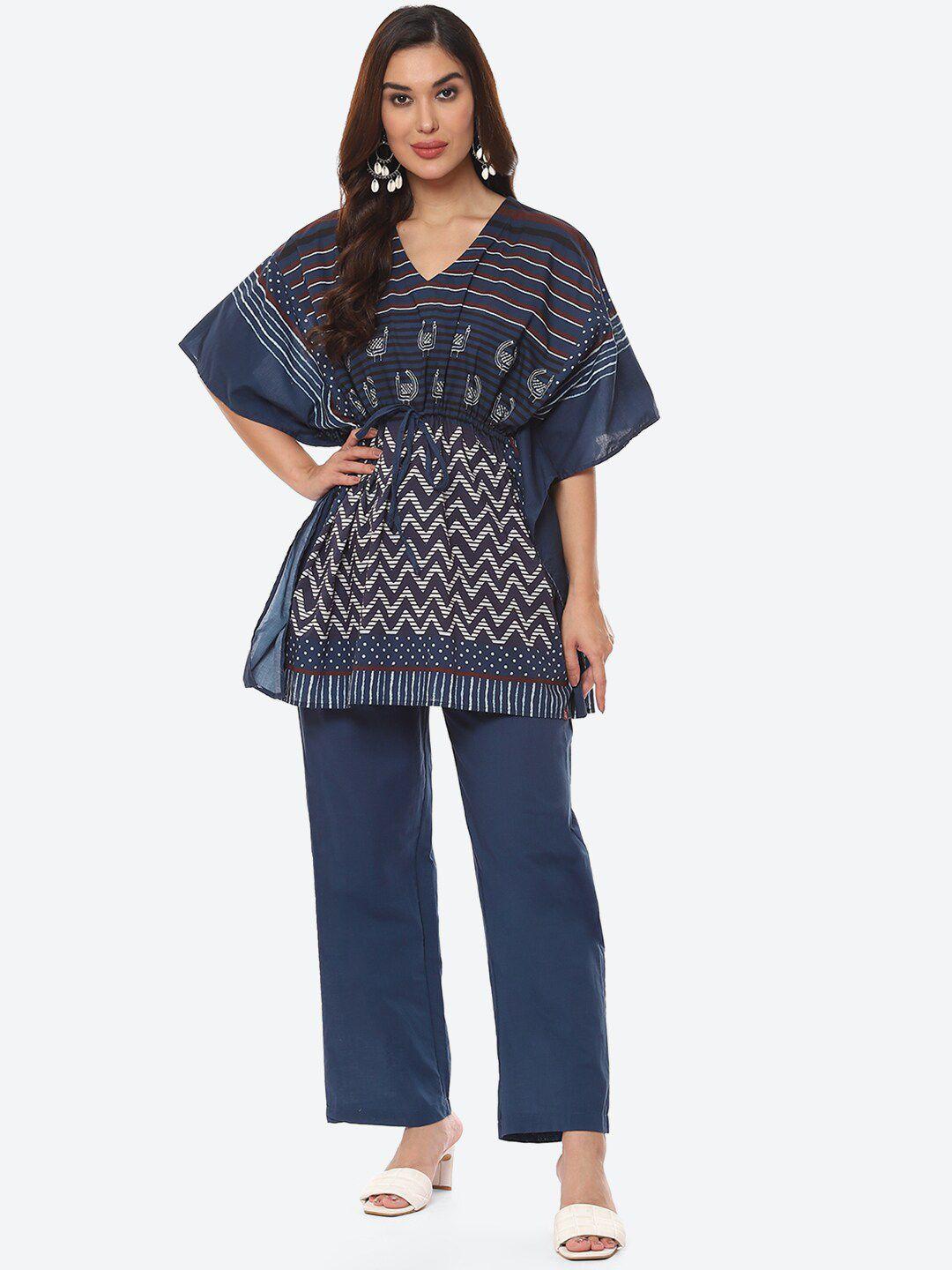 biba women navy blue & beige printed cotton blend night suit