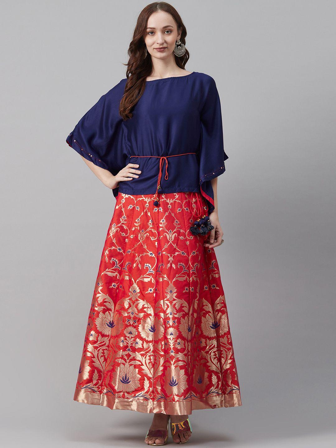 biba women navy blue & coral red solid top with skirt