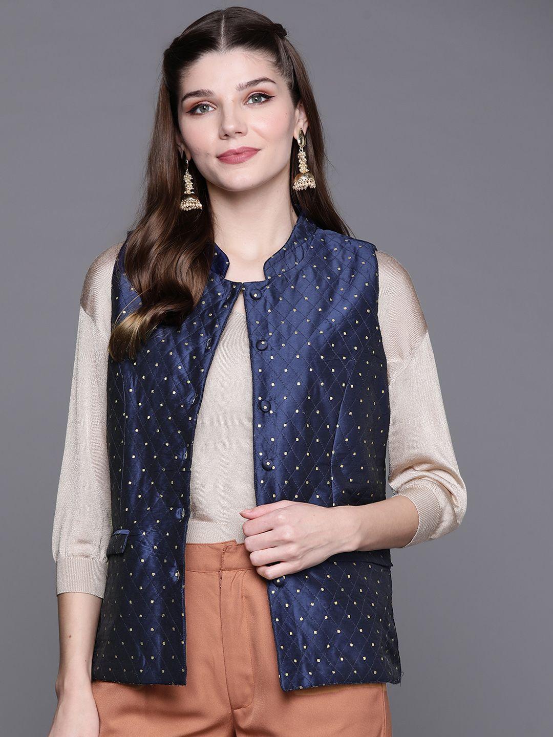 biba women navy blue & golden ethnic jacket