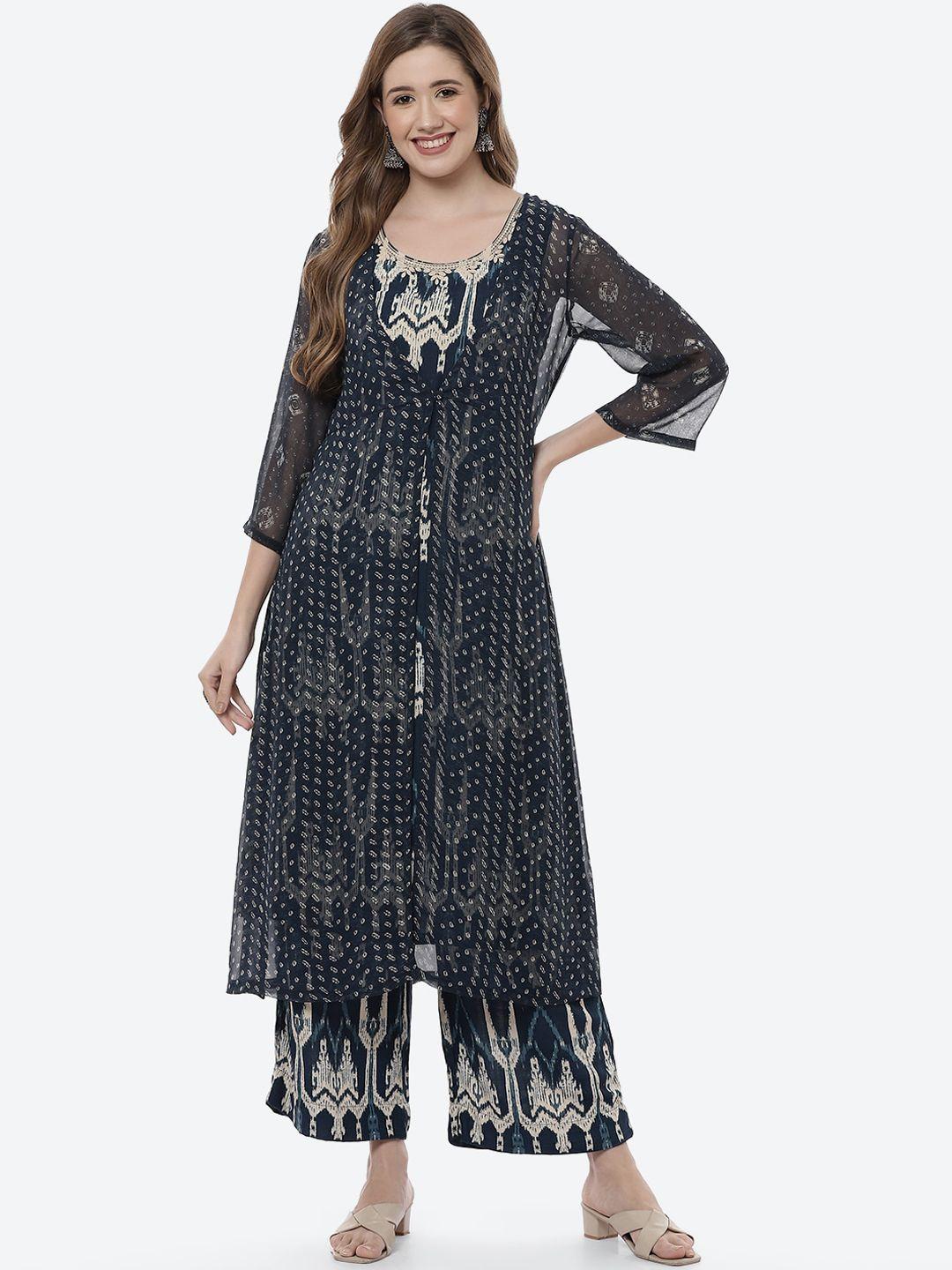 biba women navy blue & off white geometric printed kurta with jacket