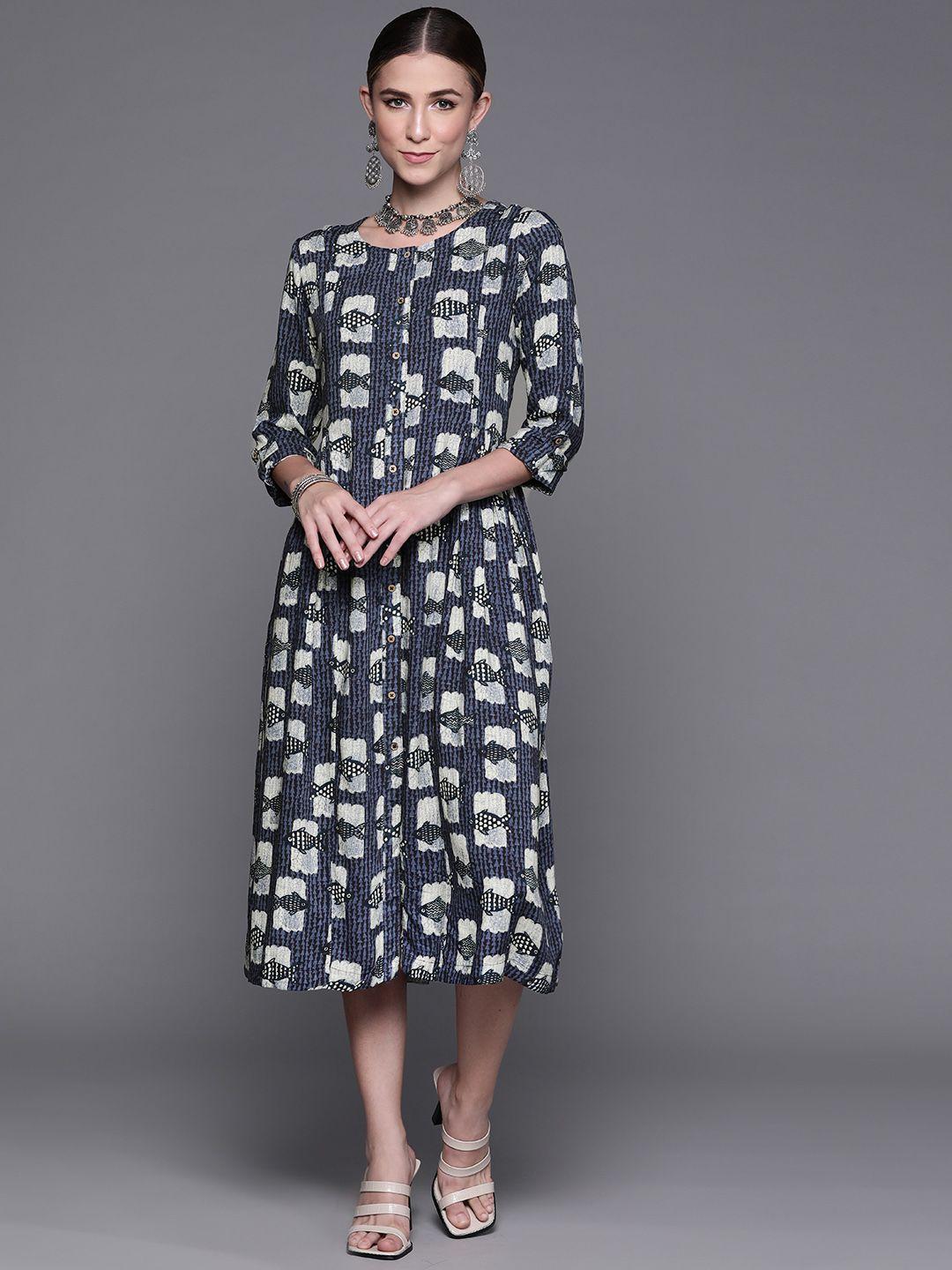 biba women navy blue & white ethnic motifs printed a-line midi dress