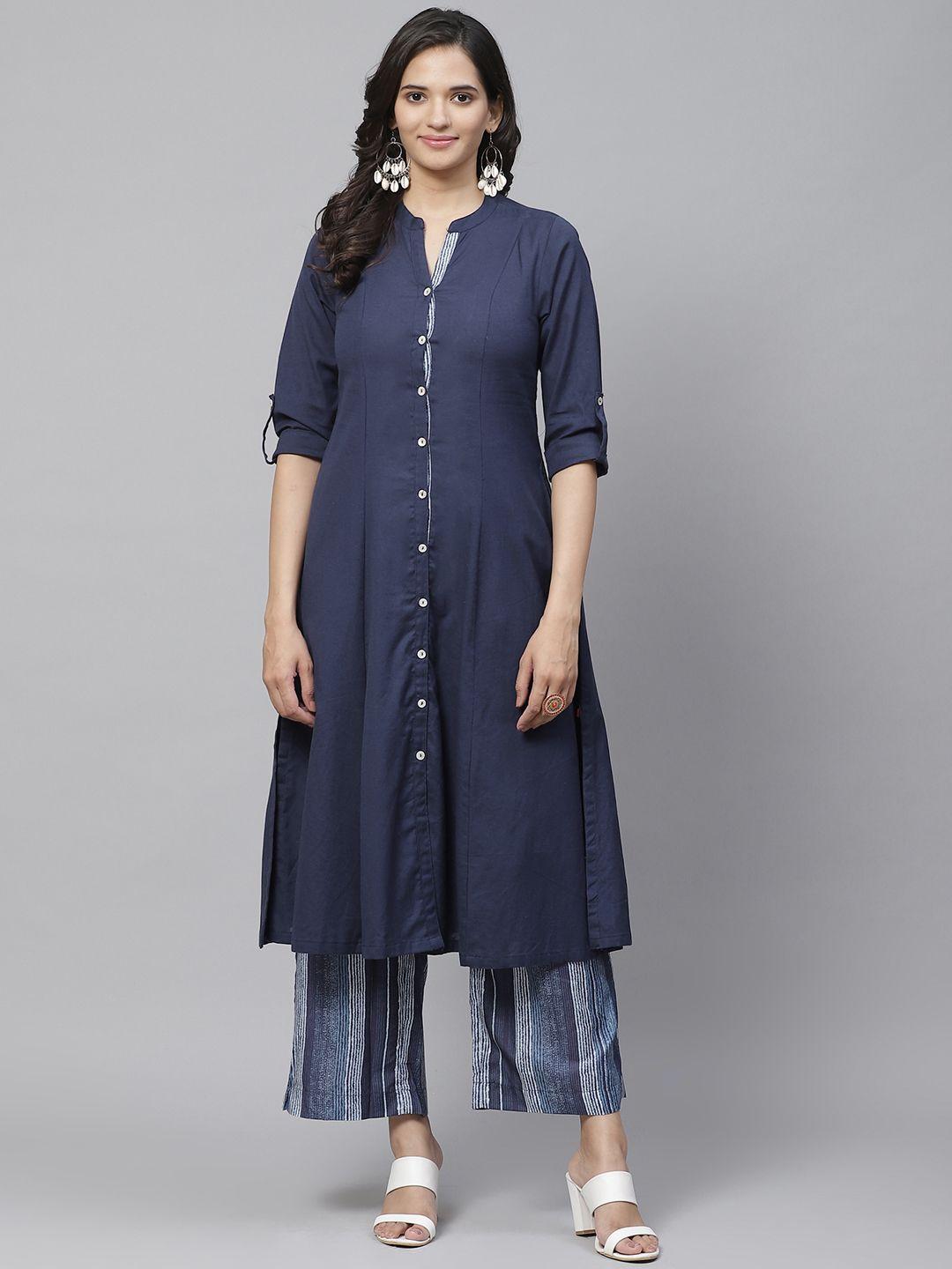 biba women navy blue & white solid kurta with palazzos