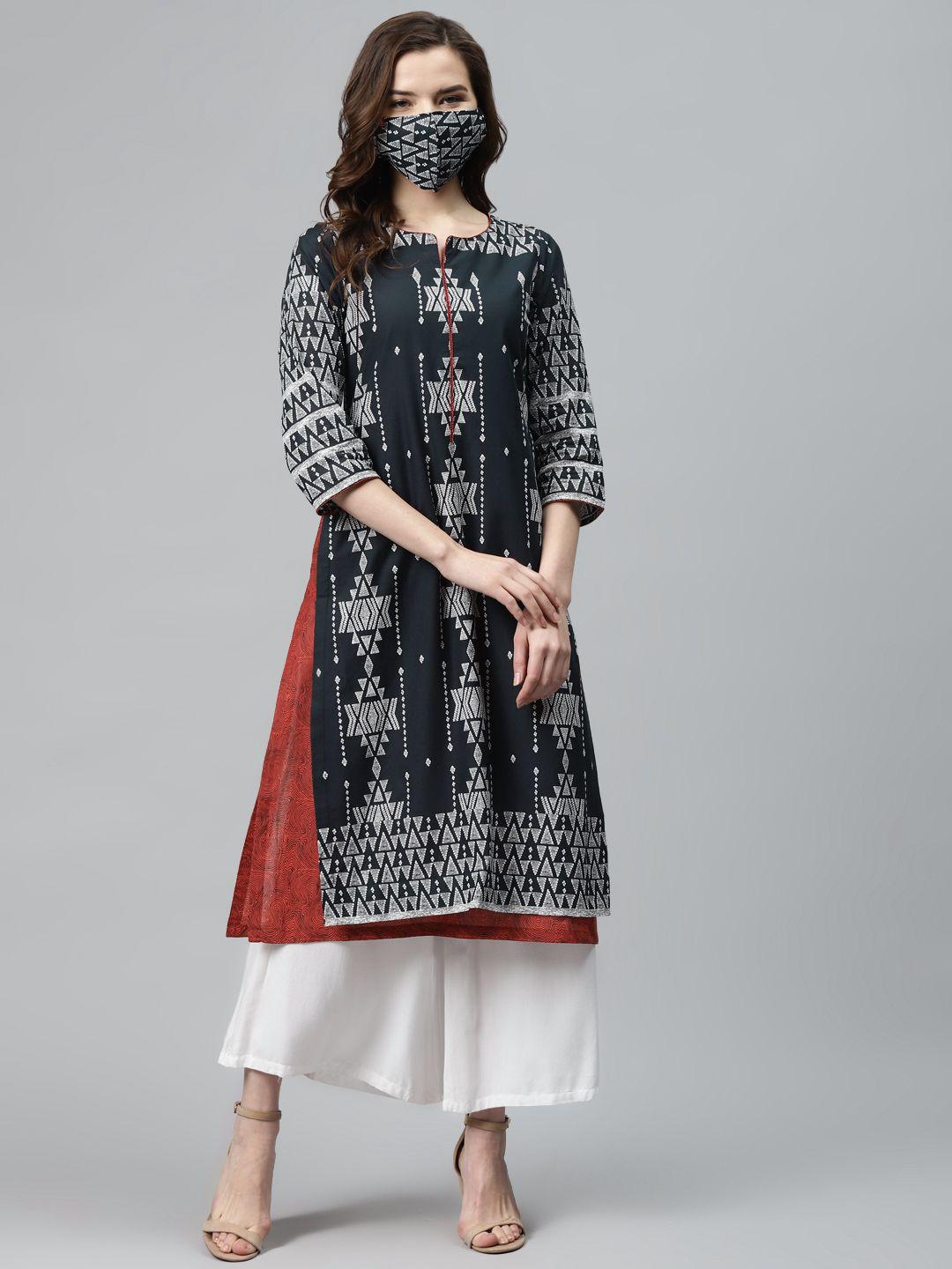 biba women navy blue  white printed pure cotton a-line layered kurta