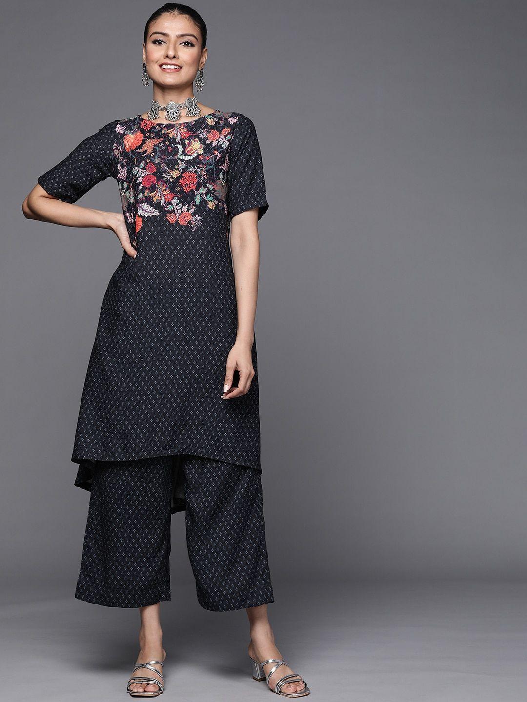 biba women navy blue ethnic motifs printed kurta with palazzos