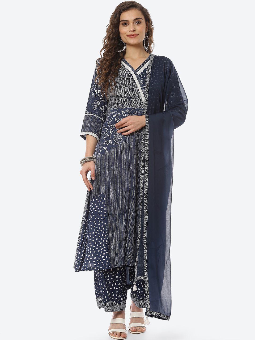 biba women navy blue ethnic motifs printed kurta with trousers & dupatta