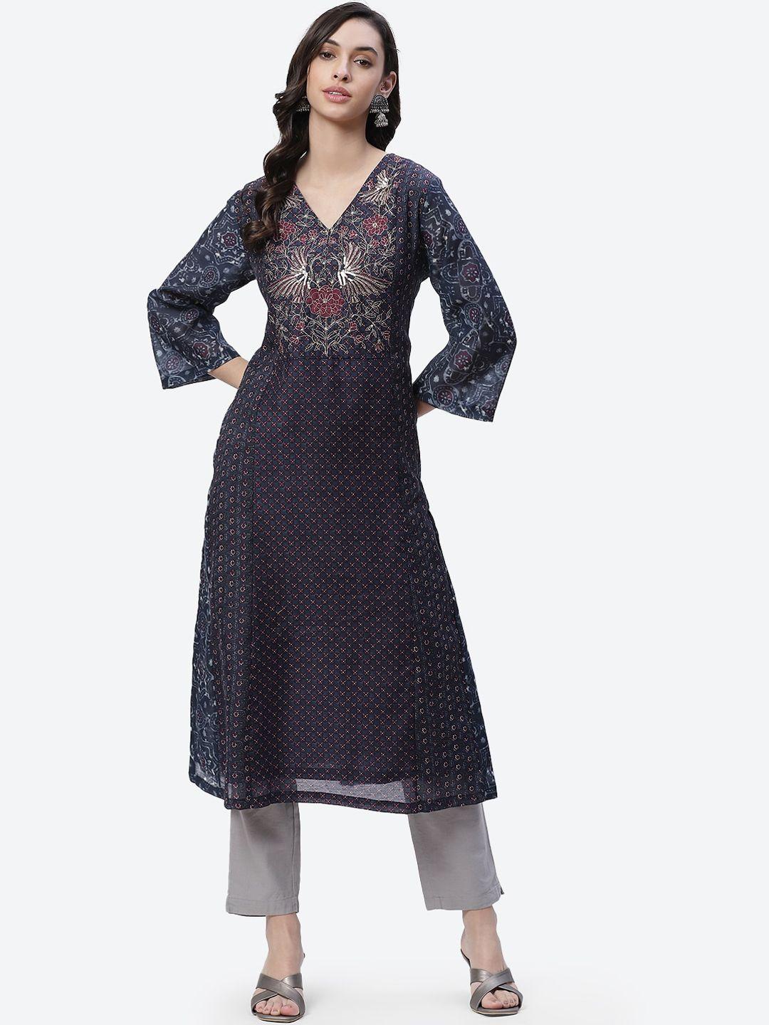 biba women navy blue ethnic motifs printed zari detailed a-line kurta