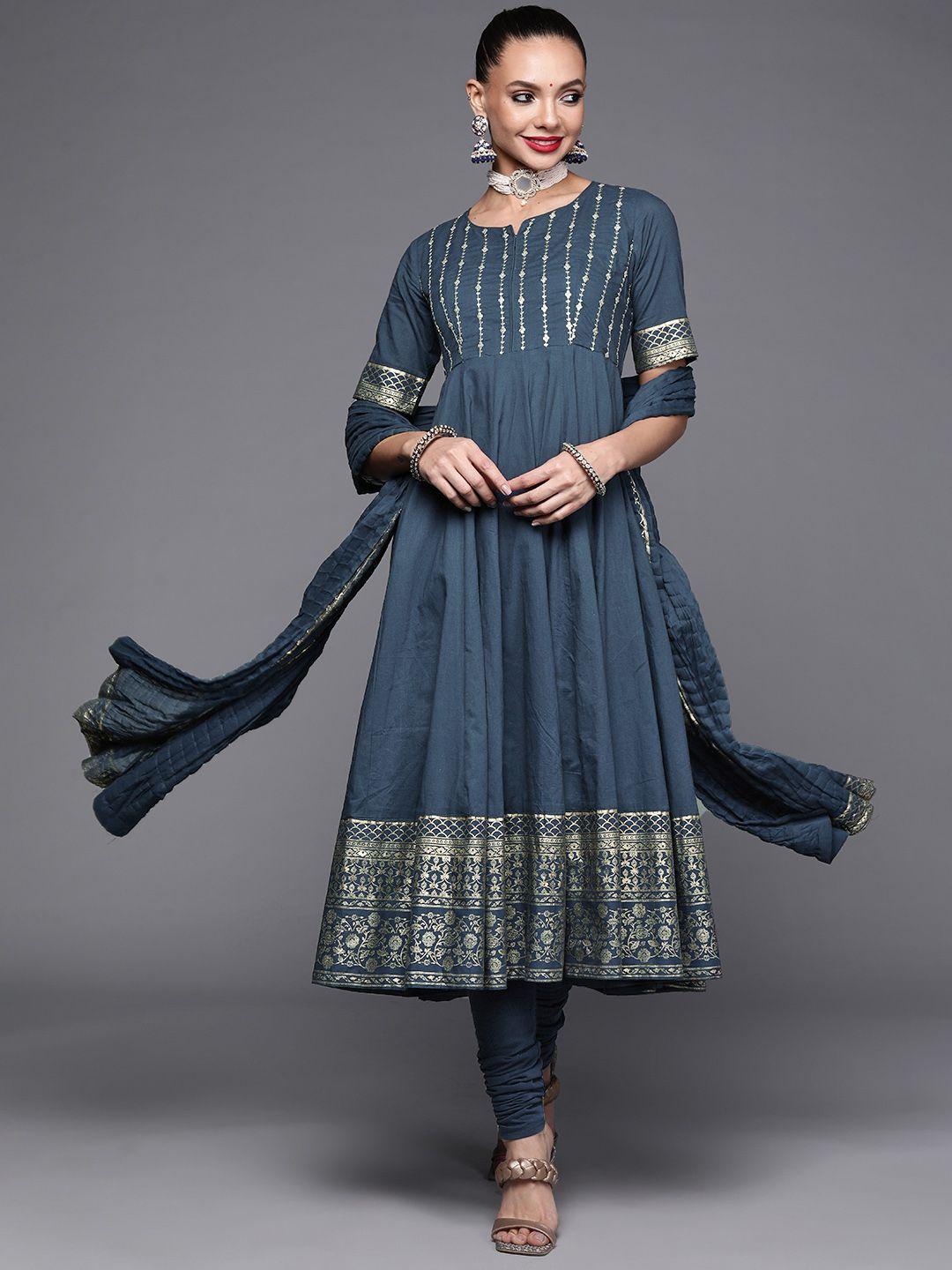 biba women navy blue pure cotton ethnic printed sequinned kurta with churidar & dupatta