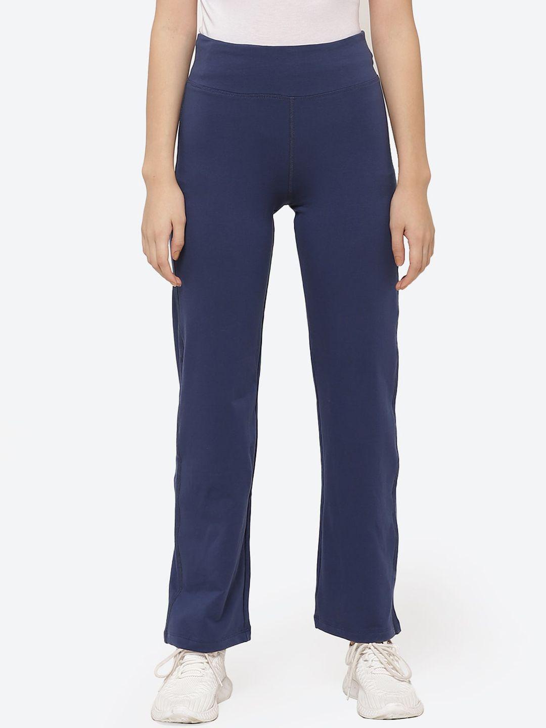 biba women navy blue regular fit solid regular trousers