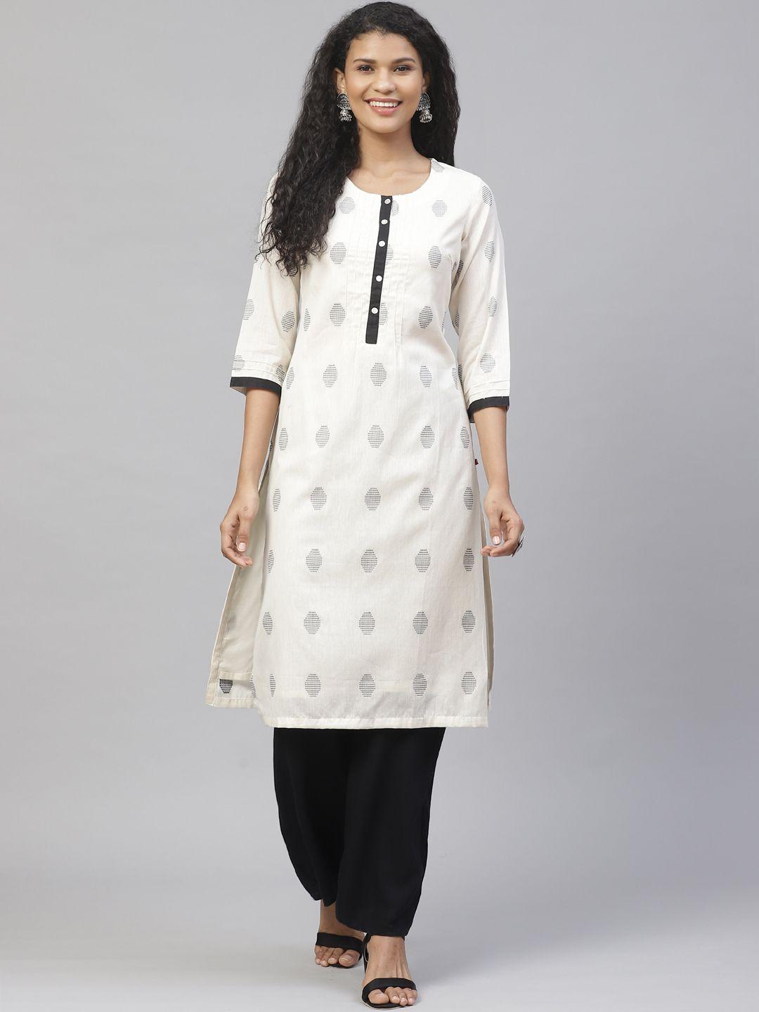 biba women off-white & black woven design straight kurta