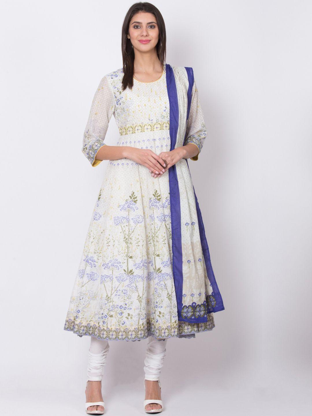 biba women off-white & blue printed kurta with churidar