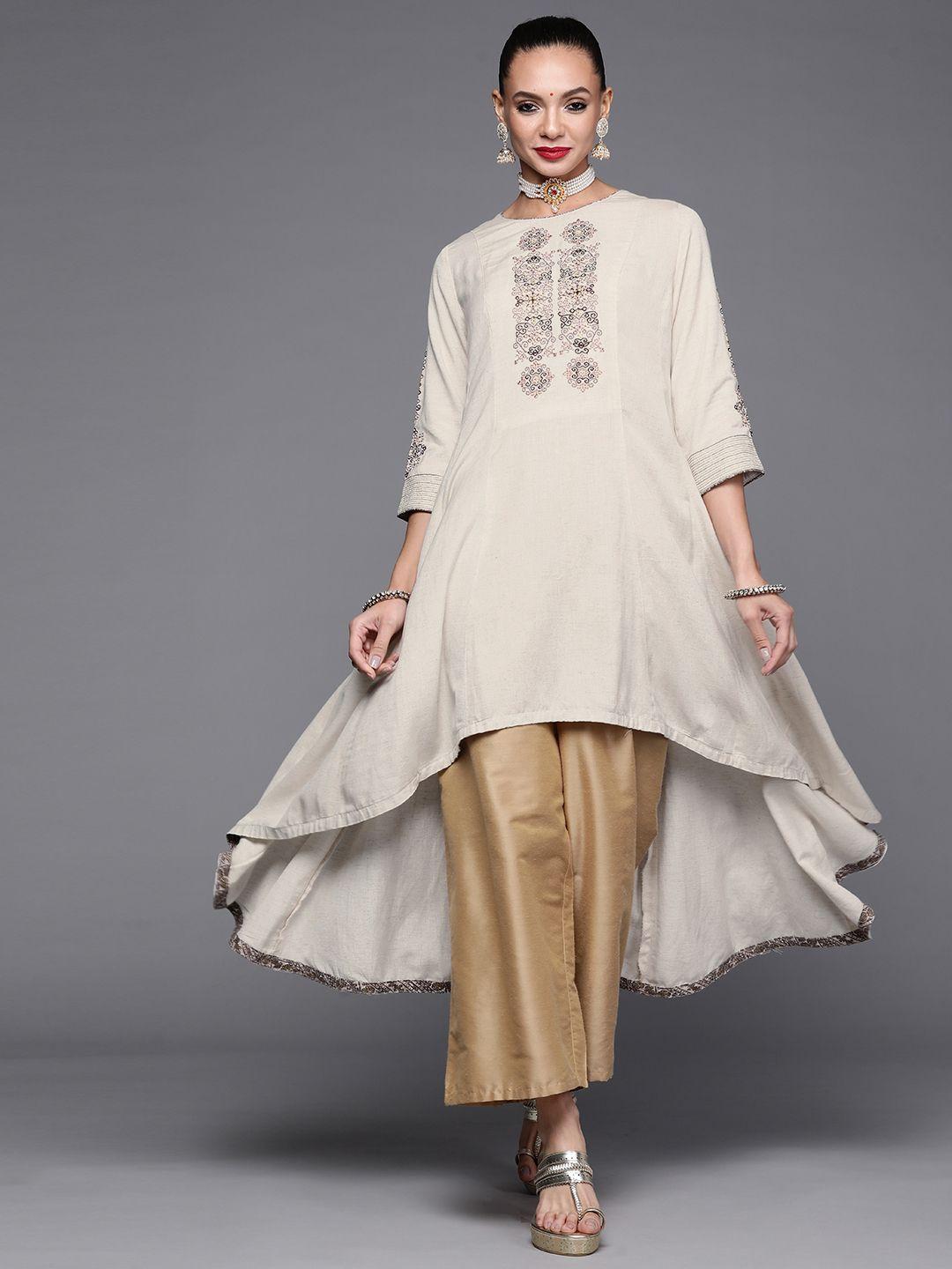 biba women off white & brown ethnic motifs embroidered high-low flared hem a-line kurta