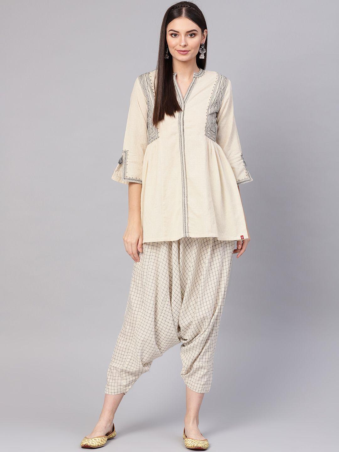 biba women off-white & charcoal grey embroidered tunic with dhoti pants