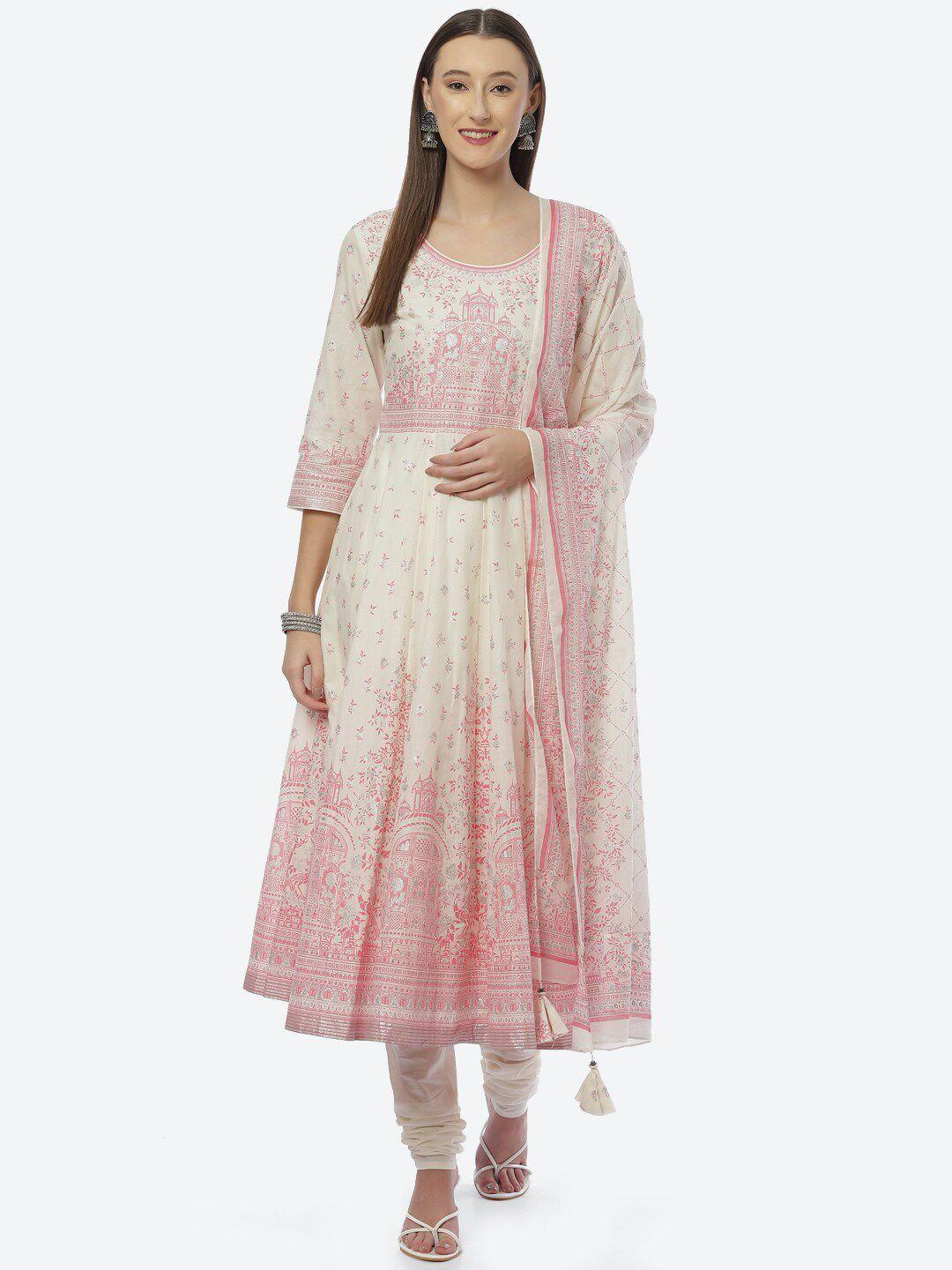 biba women off white ethnic motifs printed kurta with churidar & dupatta