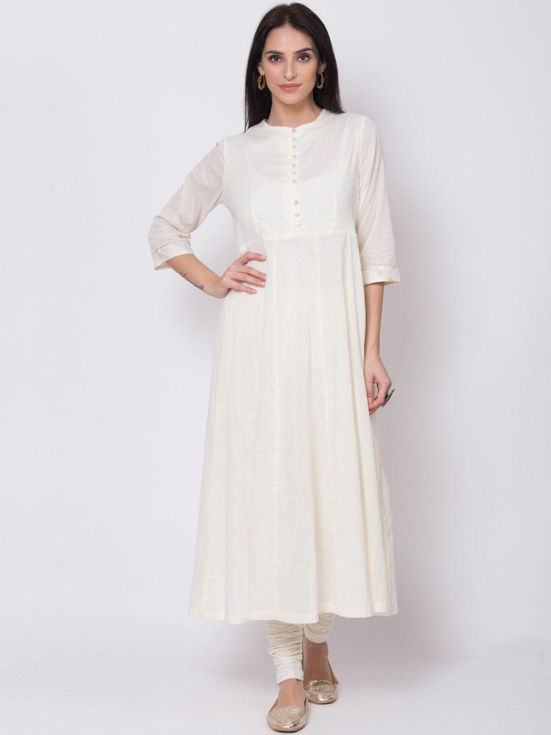 biba women off-white solid kurta with churidar & dupatta