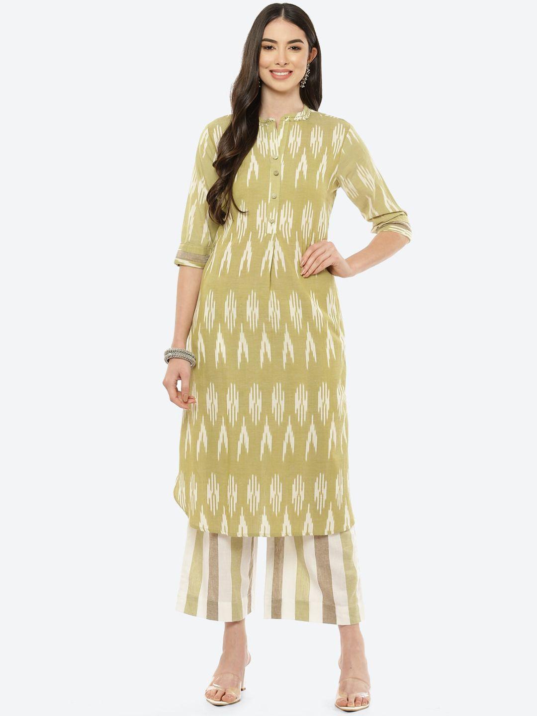 biba women olive green striped pure cotton kurta with palazzos