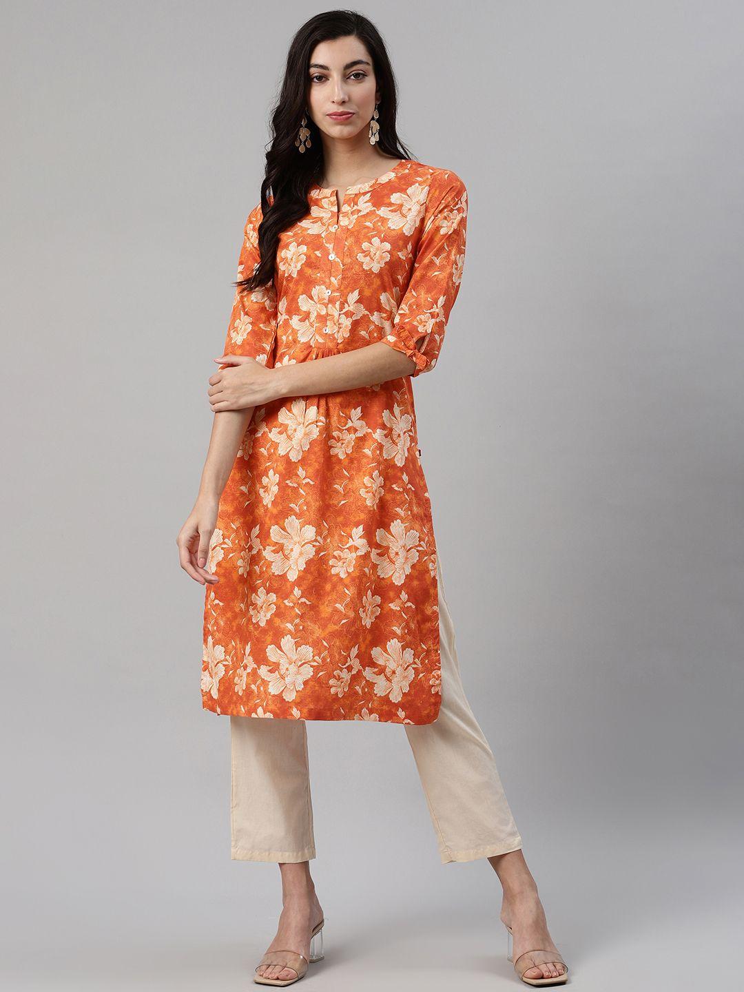 biba women orange & beige printed kurta with trousers