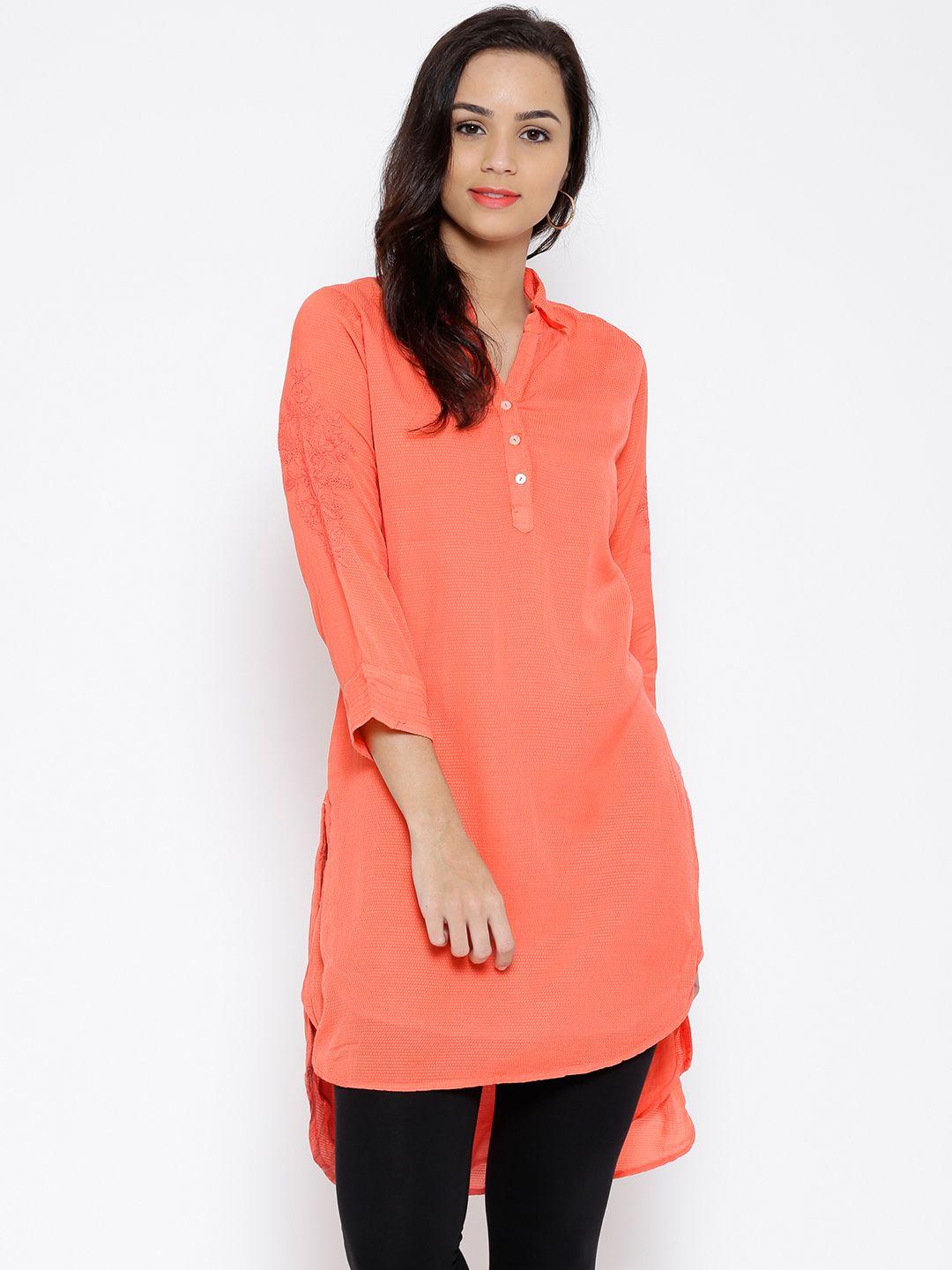 biba women orange chikankari embroidered high-low kurta