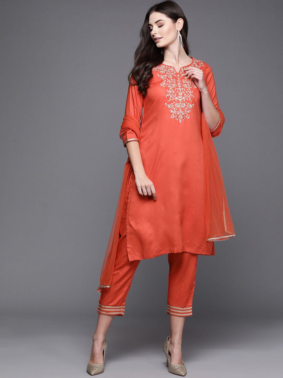 biba women orange embroidered kurta with trousers & dupatta