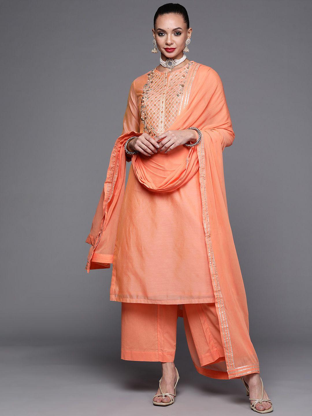 biba women orange ethnic motifs embroidered thread work kurta with palazzos & with dupatta