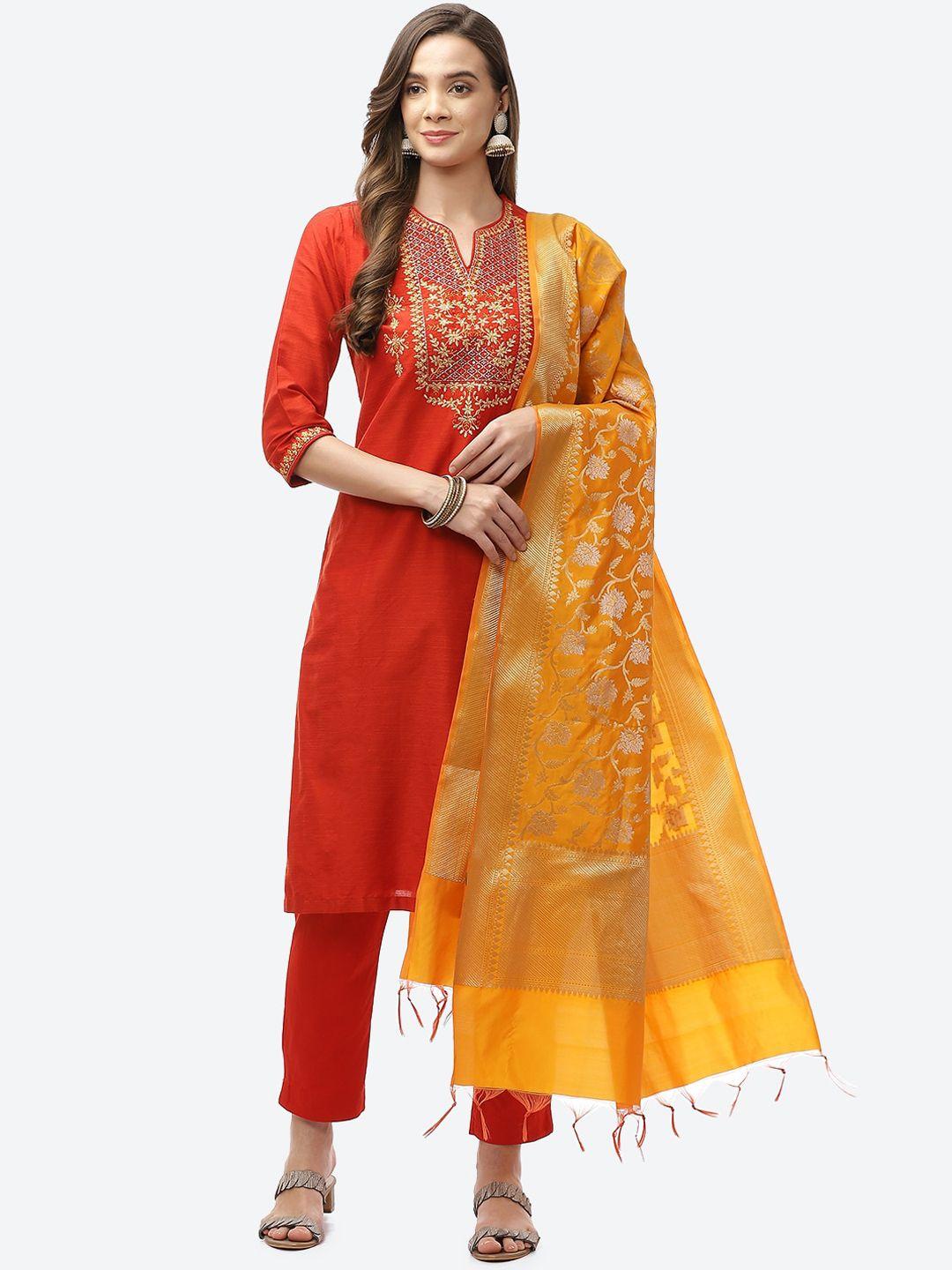 biba women orange ethnic motifs yoke design kurta with trousers & dupatta