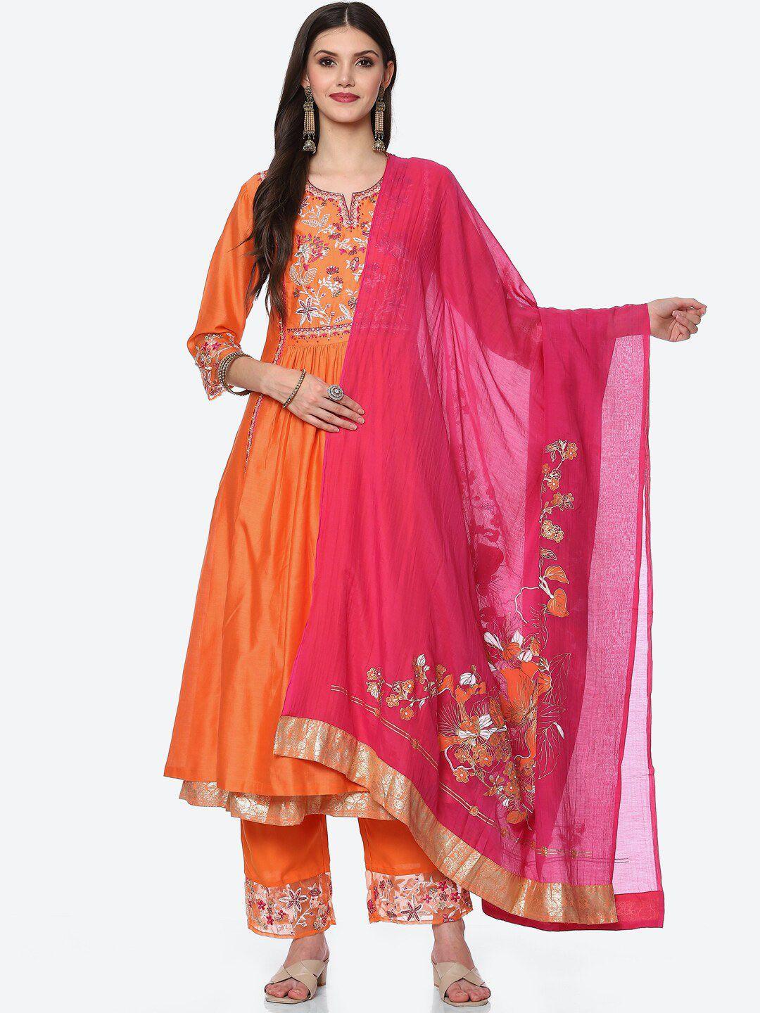 biba women orange floral embroidered chanderi silk kurta with trousers & with dupatta