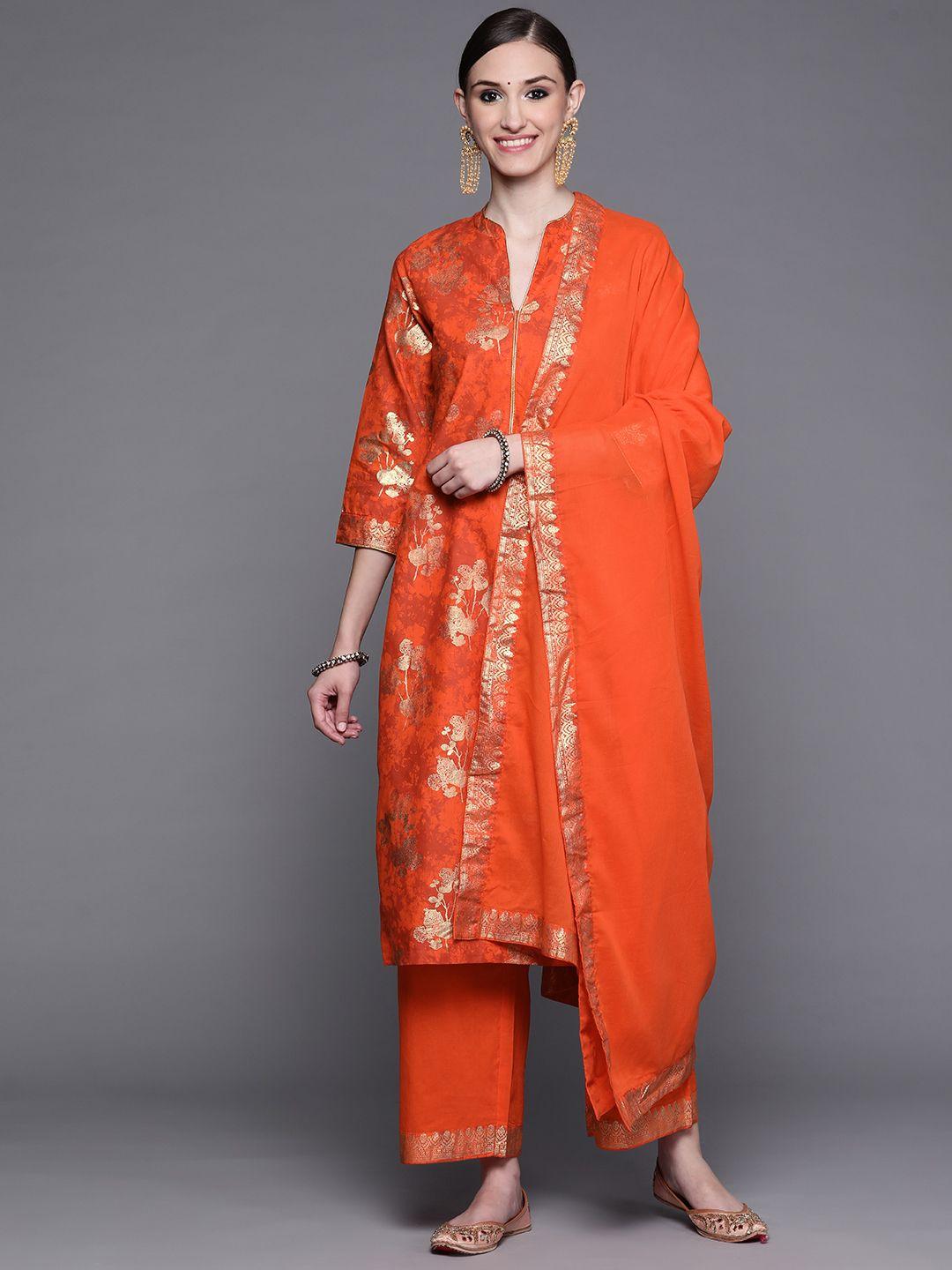 biba women orange floral printed pure cotton kurta with palazzos & with dupatta