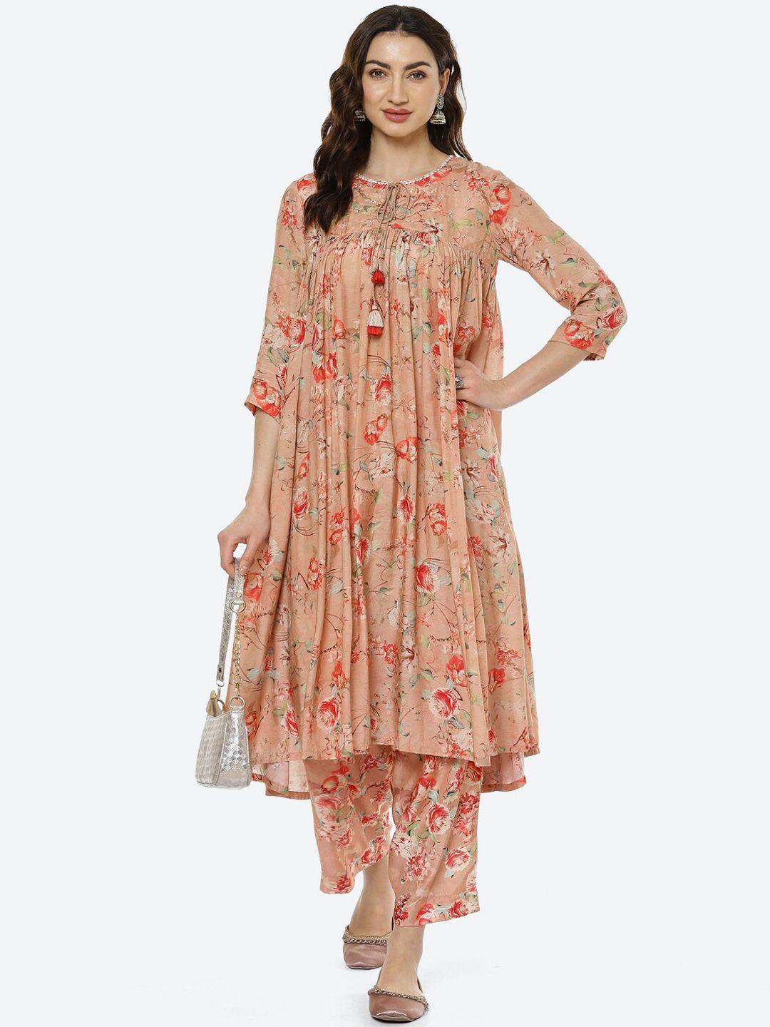biba women peach-coloured & red floral printed pleated pure cotton kurta with palazzos