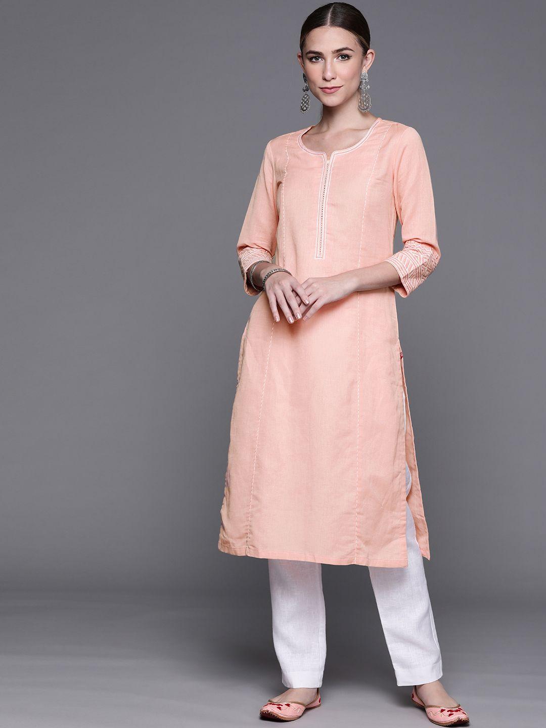 biba women peach-coloured cotton linen solid thread work kurta