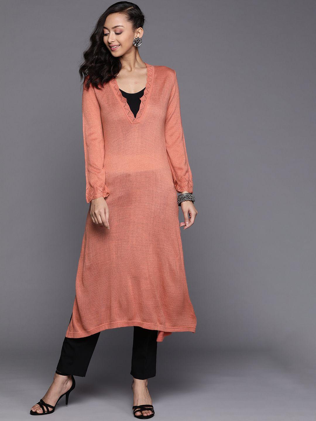 biba women peach-coloured solid kurta