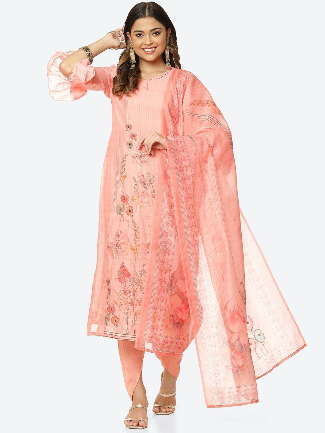 biba women peach cotton blend printed unstitched dress material