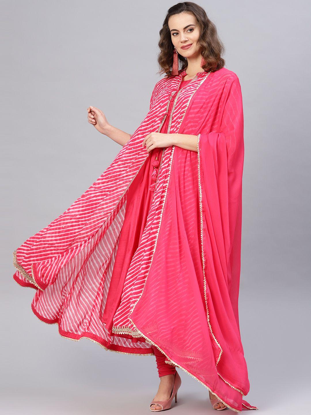 biba women pink & off-white printed layered kurta with churidar leggings & dupatta