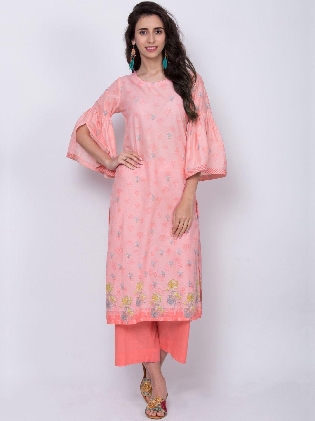 biba women pink & white floral print straight kurta