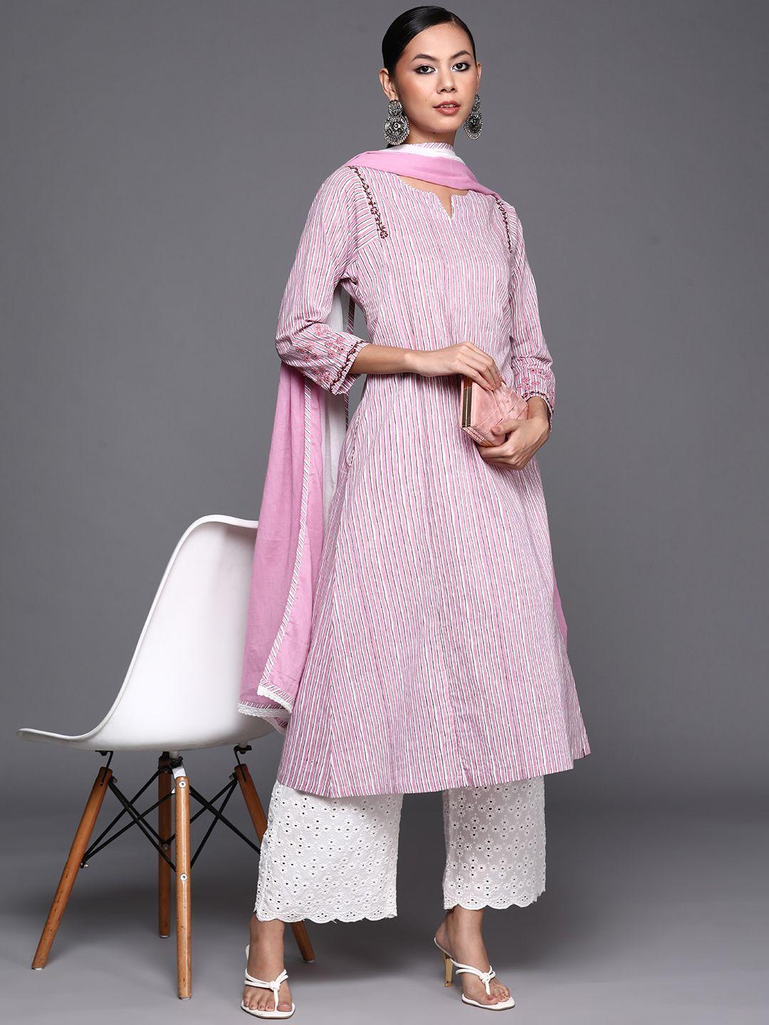 biba women pink & white striped kurta with palazzos & dupatta