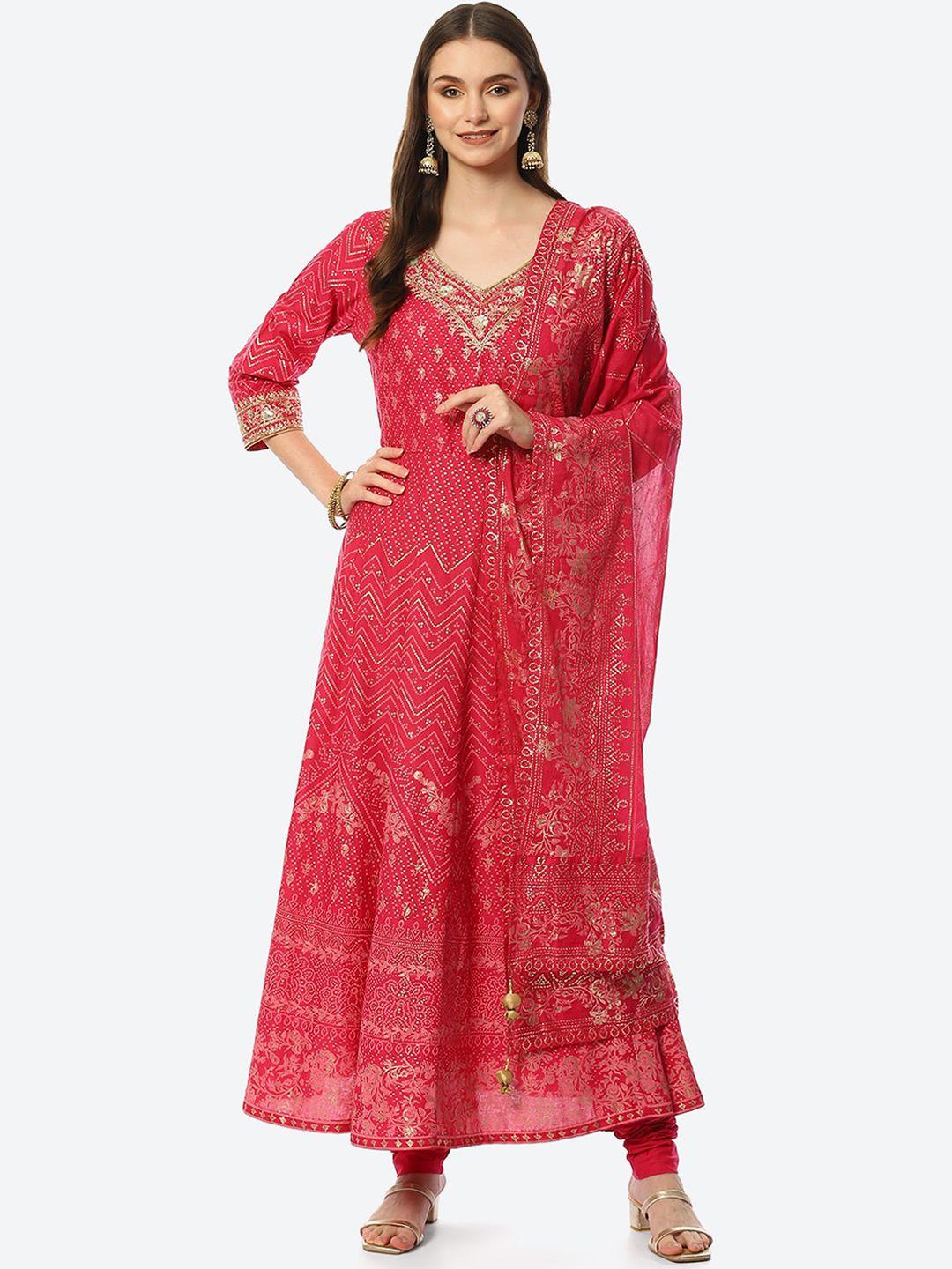 biba women pink ethnic motifs embroidered kurta with churidar & with dupatta