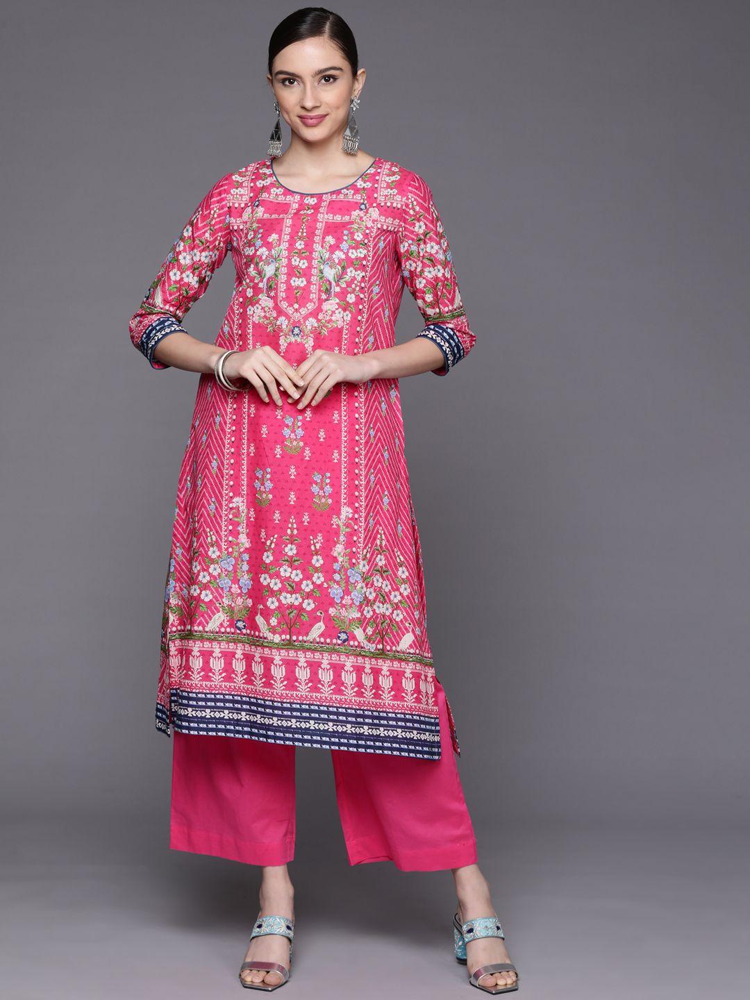 biba women pink ethnic motifs printed pure cotton kurta with palazzos