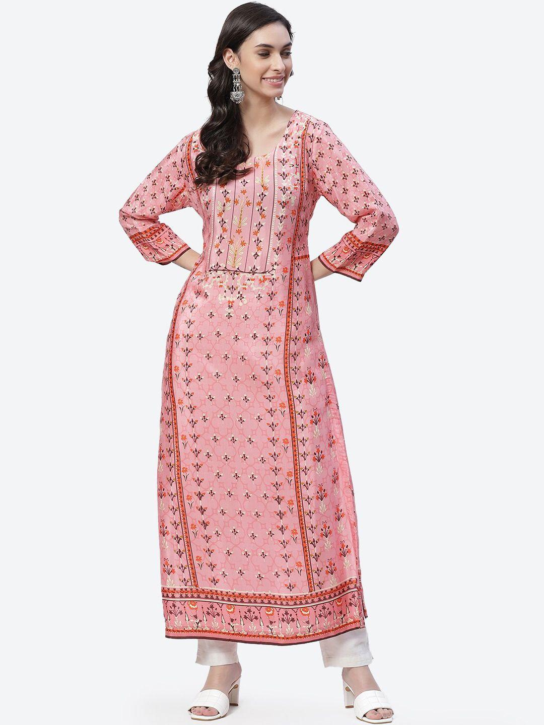 biba women pink ethnic motifs printed straight kurta