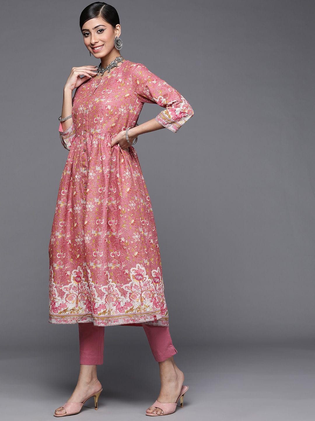 biba women pink printed a-line pure cotton kurta with trousers