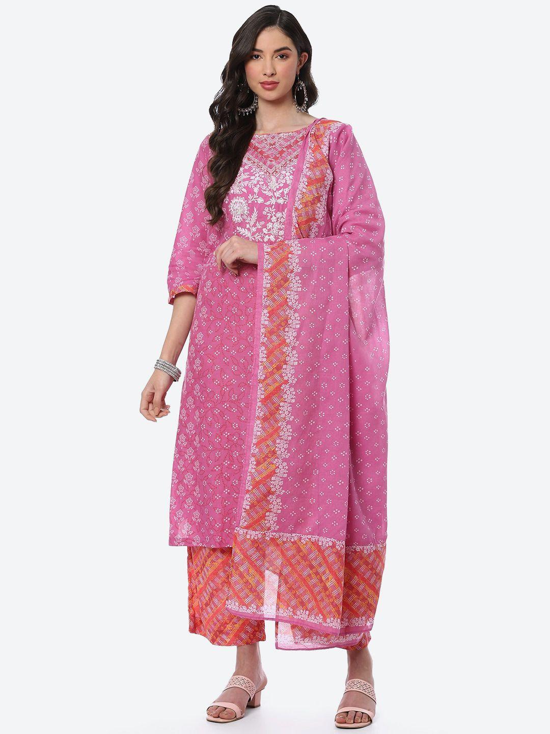 biba women pink printed pure cotton kurta with palazzos & with dupatta