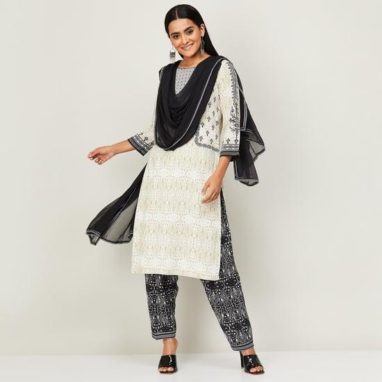 biba women printed straight kurta with elasticated salwar and dupatta