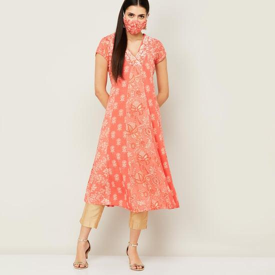 biba women printed v-neck flared kurta with mask