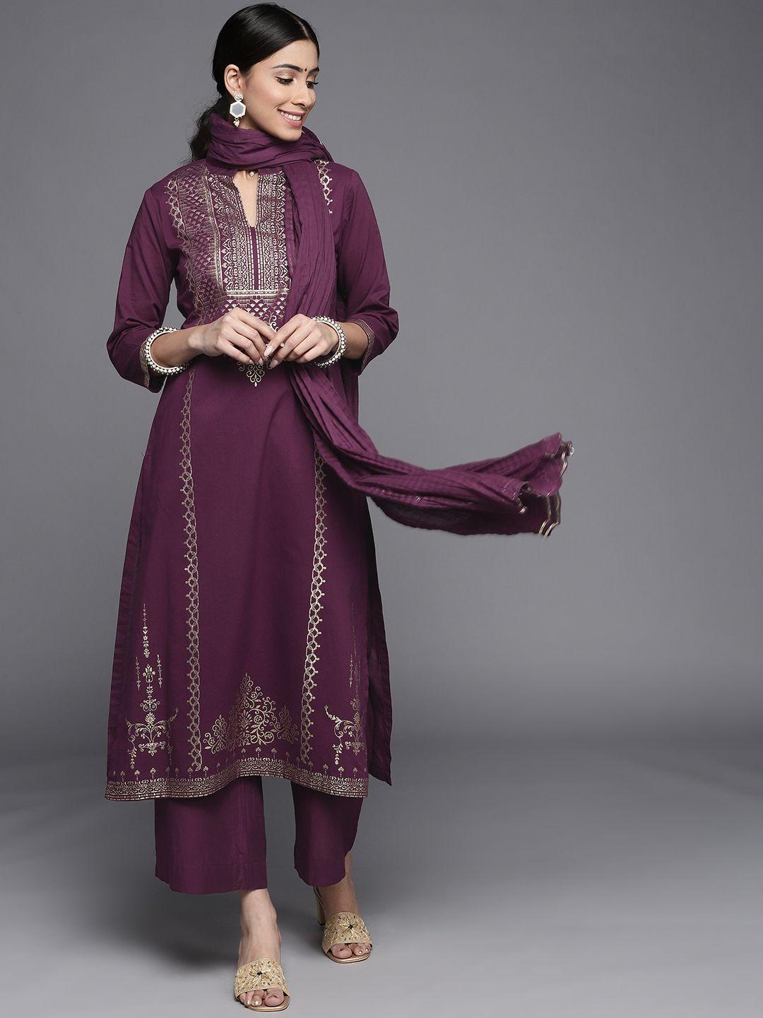 biba women purple & golden printed pure cotton kurta with palazzos & dupatta