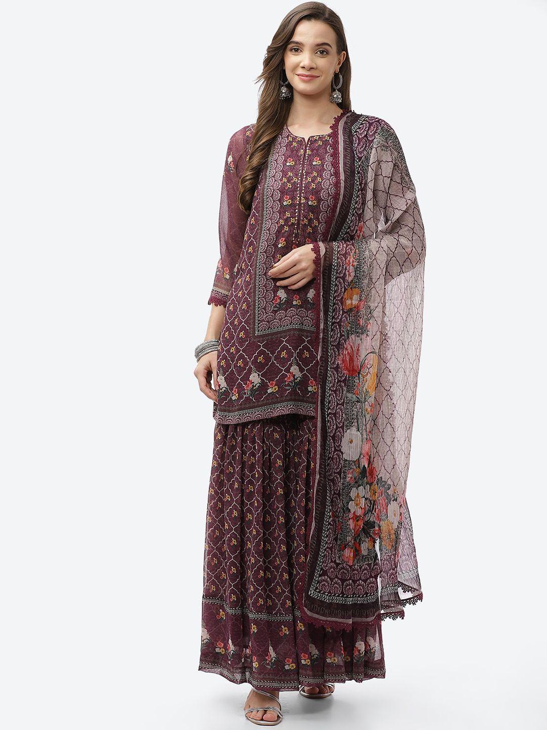 biba women purple ethnic motifs printed fusion kurti with sharara & with dupatta