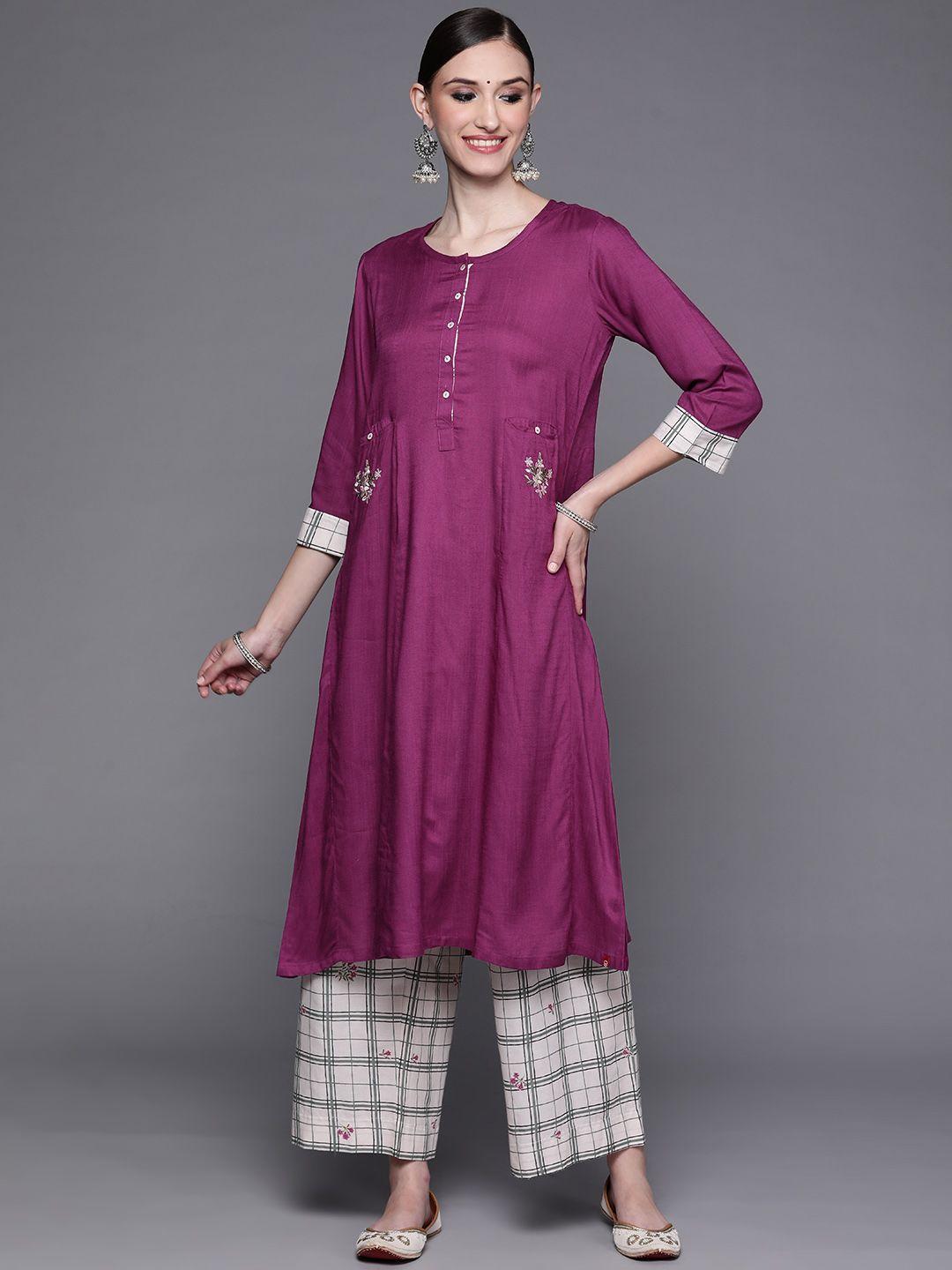 biba women purple floral embroidered pleated kurta with checked palazzos