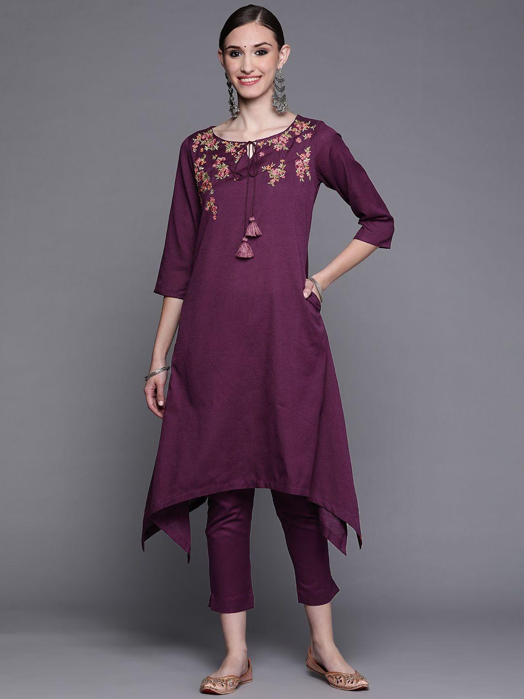biba women purple floral embroidered pure cotton kurta with trousers