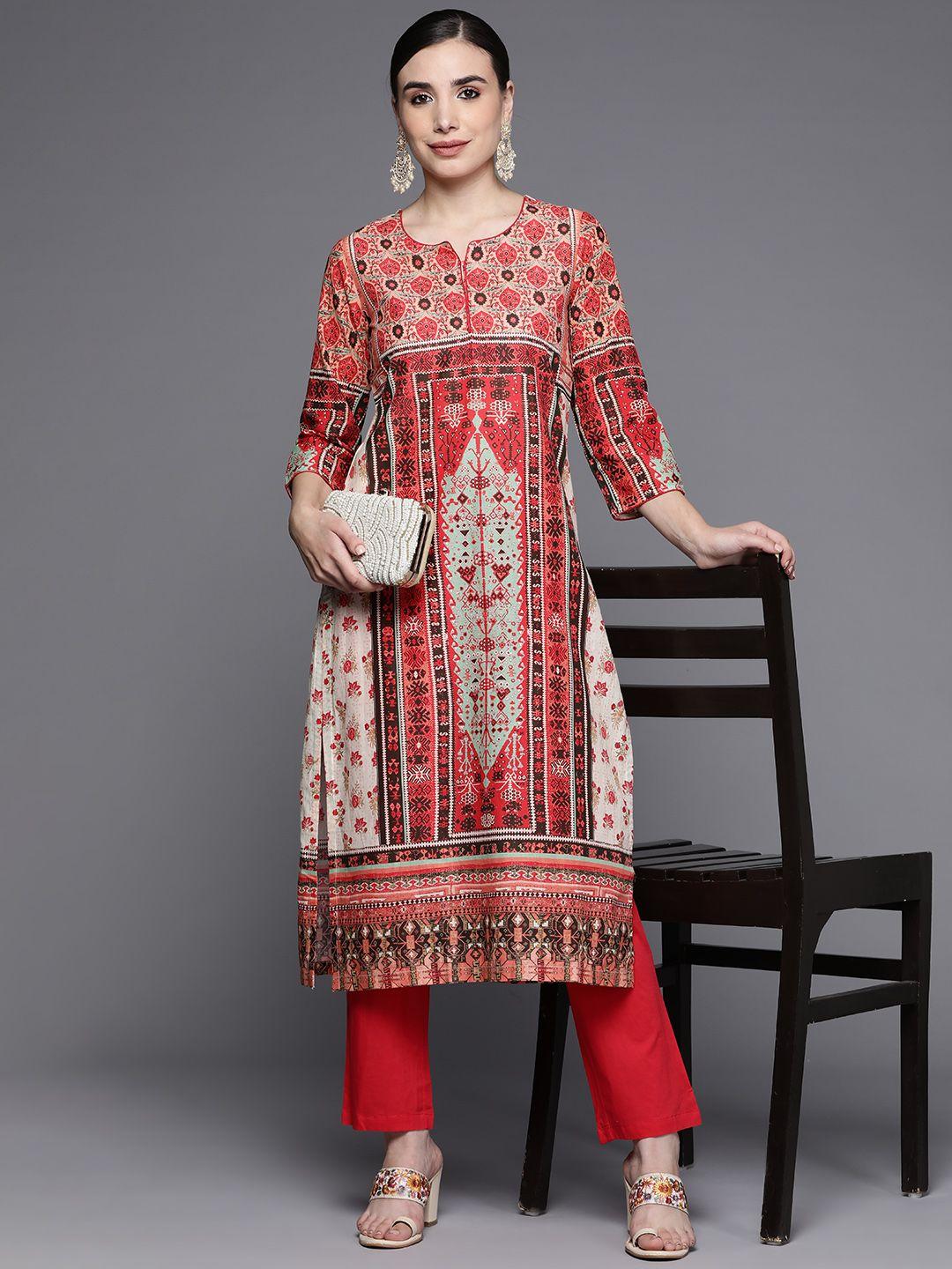 biba women red & beige ethnic motifs printed pure cotton kurta with trousers