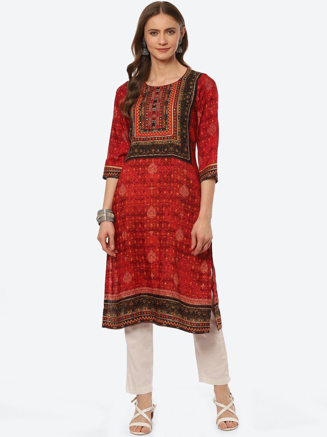 biba women red & black ethnic motifs printed mirror work kurta