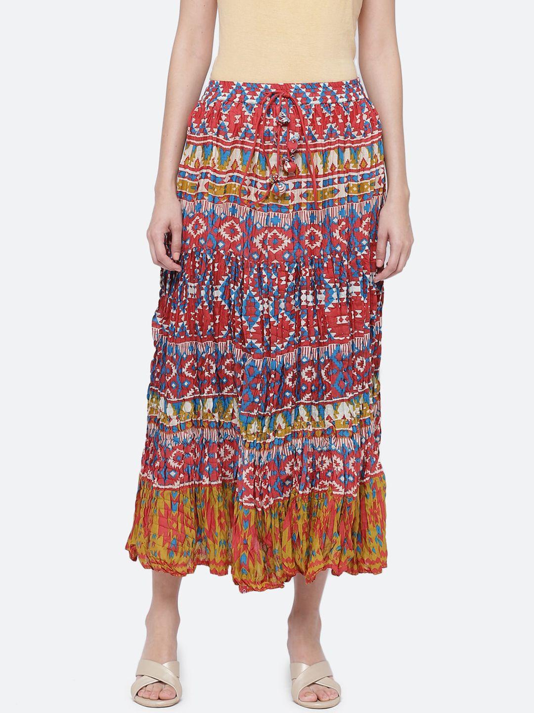 biba women red & blue printed pure cotton a-line maxi skirt